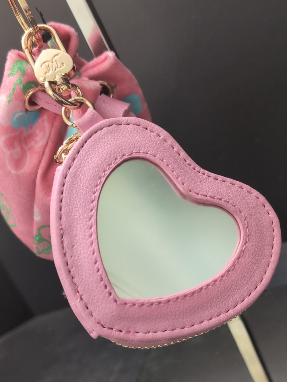 NWT,Juicy Couture Velour Micro Bag And Pouch Set In Pink with Cherry Print. - Picture 5 of 11